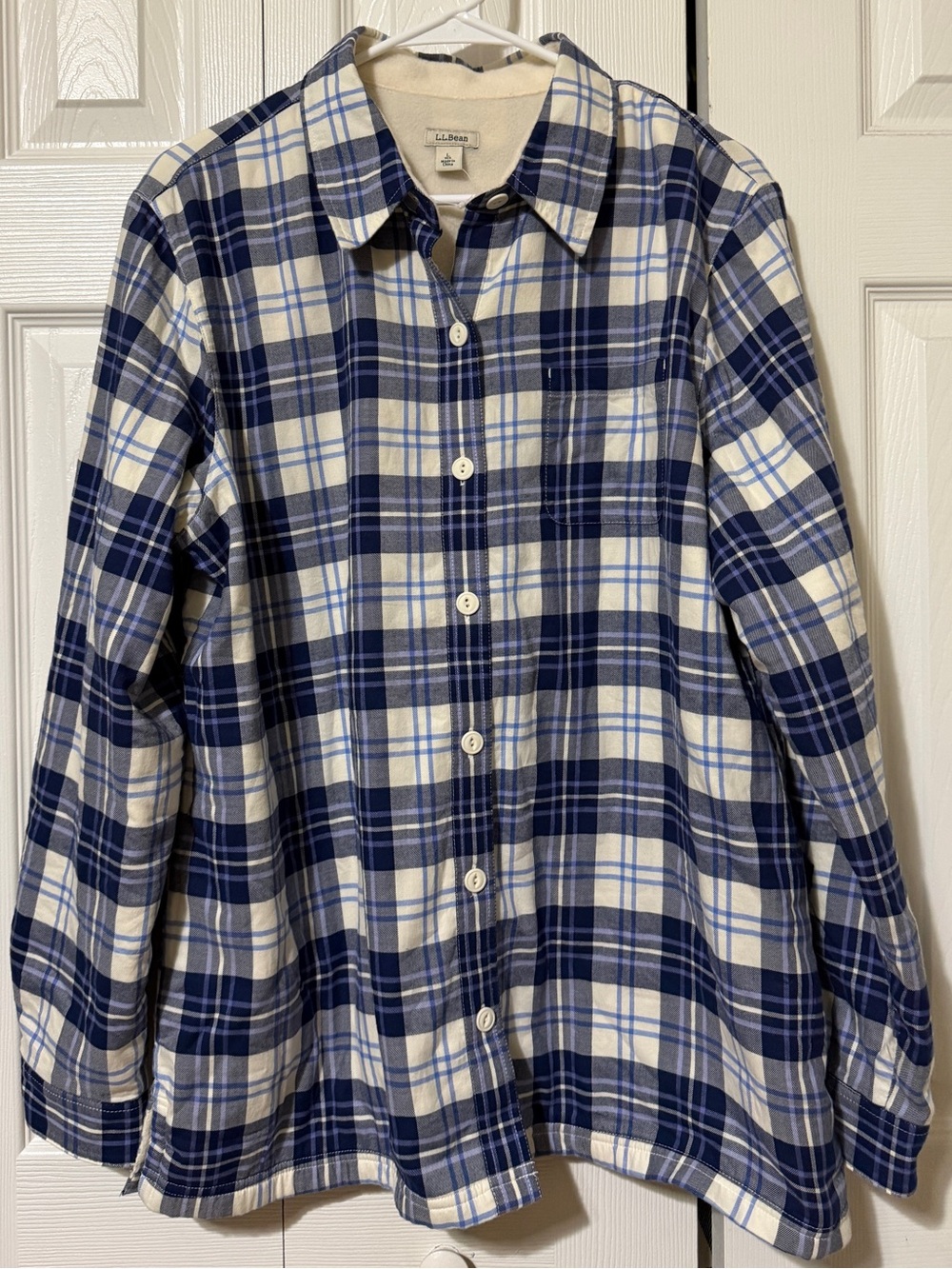 L.L. Bean Woman blue white plaid fleece lined cotton flannel shirt Shacket Large